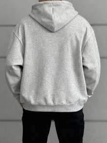 Manfinity Dauomo Plus Size Men's Solid Color Drop Shoulder Long Sleeve Zip Front Drawstring Hooded Sweatshirt, Autumn/Winter