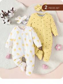 4pcs Newborn Baby Girl Cute Simple Heart & Polka Dot Pattern Long Sleeve Zipper Romper, Soft & Skin-Friendly Pajama Set With Bow Headband Graphic Fall Winter