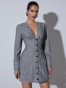 COSMINA Vestido corto de manga larga con cuello en V profundo, botones delanteros y estampado de rayas para mujer - Multicolor - Ver 1