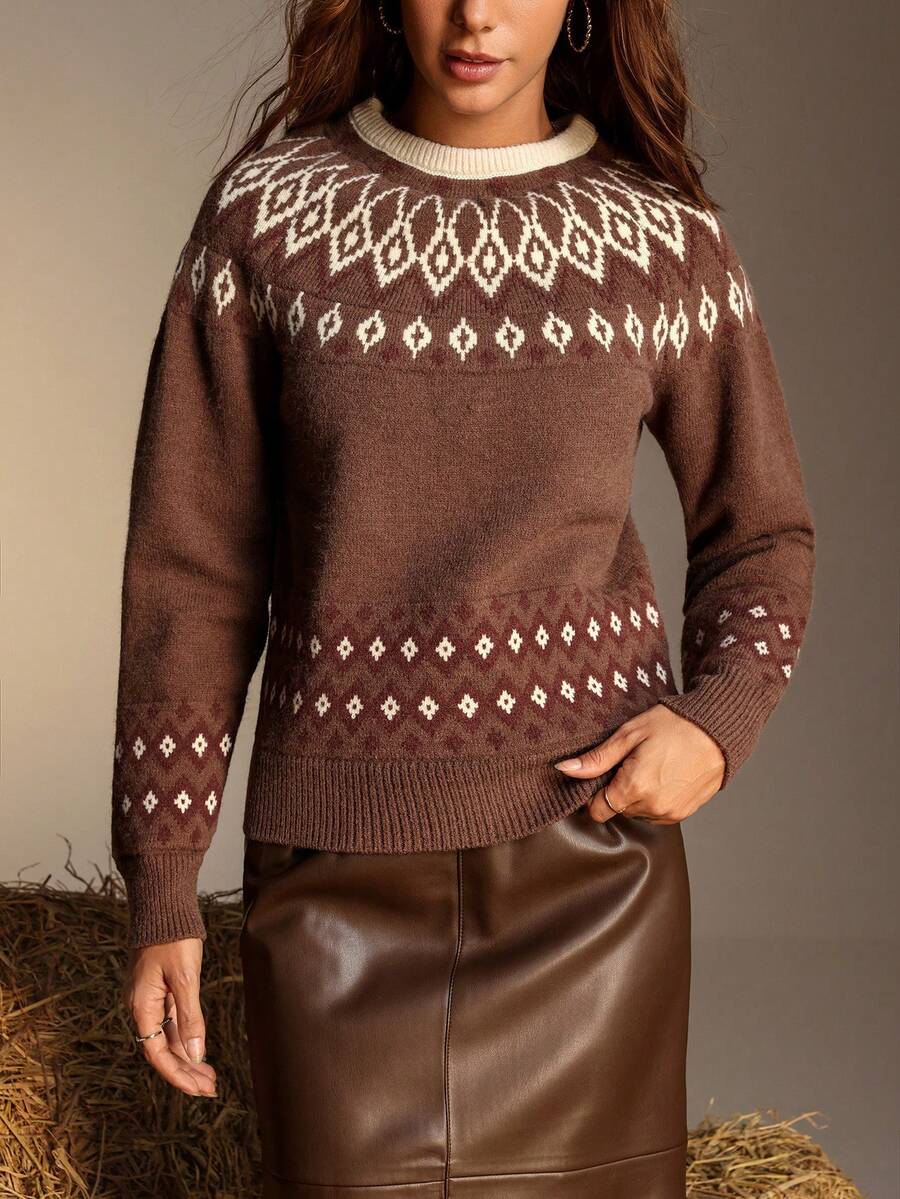 Chiquease Women's Casual Vacation Style Fair Isle Pattern Raglan Sleeve Sweater, Autumn/Winter Christmas Sweater - Camel - View 1