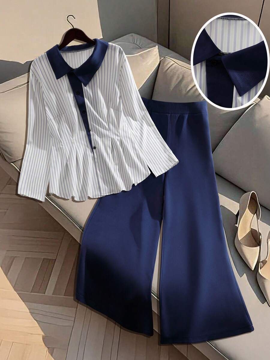 SHEIN Clasi Áo sơ mi kẻ sọc chắp vá màu trơn cỡ lớn, quần ống rộng màu trơn, quần dài ống rộng, bộ 2 món cho nữ, thu/đông - Nhiều màu - Xem 1