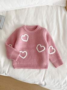 SHEIN Vintaside Kids 时尚百搭可爱爱心图案女童套头毛衣，秋冬季针织衫，女童毛衣，女童针织上衣，小女孩长袖服装，女童针织上衣，女童纯色毛衣，女童秋冬保暖针织上衣，可爱毛衣，女童休闲秋季服装，3-4岁秋季服装，粉色套头毛衣针织套装，女童针织毛衣，女童秋冬服装，少女爱心毛衣，女童针织衫，女童爱心毛衣，女童秋冬服装 - 藕粉色 - 查看 5