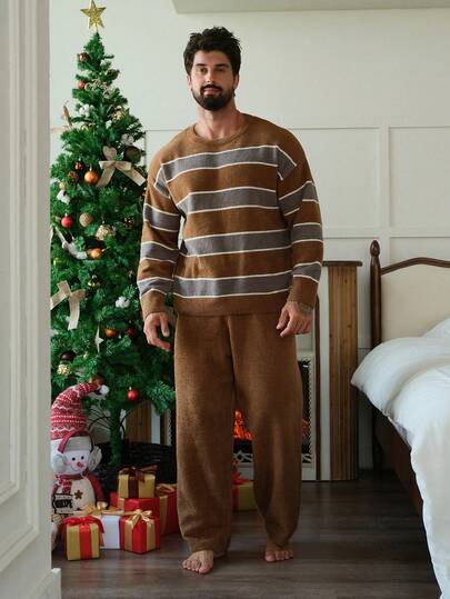 DAZY Men's Autumn Patchwork Color Block Design Elastic Waist Knit Loungewear Set,New Year,Christmas