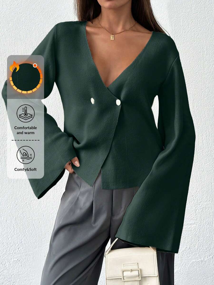 SHEIN Tall Cardigan avec encolure en V, boutonnage devant, épaules tombantes, couleur unie, pour femmes grande taille