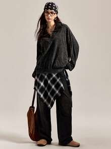 Easelle 宽松水洗铆钉拉链卫衣 黑色水洗秋冬百搭雪洗卫衣 铆钉复古休闲 - 黑色 - 查看 4