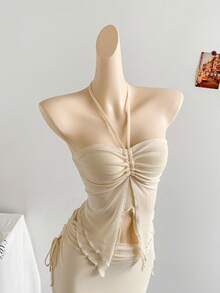 Soleia 全新度假西部海滩婚礼宾客服装、毕业早午餐、圣帕特里克节、春假、复活节、音乐节、优雅波西米亚热带露肩无袖网眼荷叶边下摆两件套 - 米色 - 查看 3