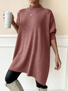 EURMUSE Women Solid Color Mock Neck Half Sleeve Oversize Pullover - Dusty Pink - View 6