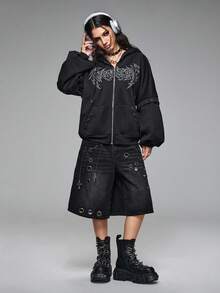 ROMWE Grunge Punk 2-In-1 Sweatshirt With Eyelet Lace-Up Detail - Black - View 5