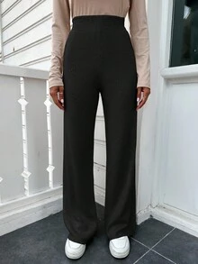 EURMUSE Solid Wide Leg Wool Knit Pants - Black - View 5