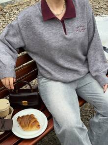 Dazy Plus Plus Size Letter Embroidery Colorblock Crew Neck Loose Knit Sweater For Women, Autumn/Winter - Grey - View 6