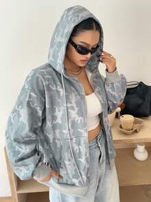 Dazy Plus Plus Size Leopard Print Hooded Zip-Up Long Sleeve Sweatshirt For Plus Size Women, Spring/Autumn Sweatshirts Hoodies - Grey - View 6