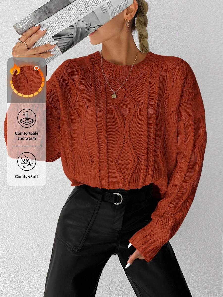 EURMUSE Cable Knit Drop Shoulder Sweater - Burnt Orange - View 1