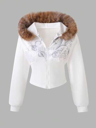 Sparklyn Autumn/Winter Hooded Sweatshirt Jacket For Teens, Featuring Fuzzy Trim Hood, Vintage Print With Rhinestone Accents On Chest, Combining Softness And Coolness, Essential Outerwear For Autumn/Winter