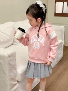 Genkimix Kids Set de 2 piezas con sudadera con capucha de forro polar con bloque de color y estampado de letras, y falda plisada versátil gris para niñas - Multicolor - Ver 3
