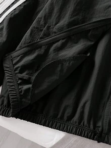SHEIN Tween 女童休闲侧条纹蝴蝶结拉链夹克 - 黑色 - 查看 7