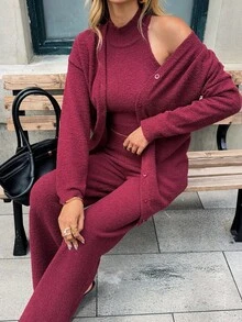Chiquease 3 Stücke Damen Lässig einfarbiger Cardigan, Stehkragen Pullover und Hose Set, Herbst/Winter - Bordeaux - Übersicht 7