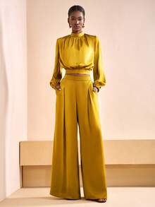 Zivah 20  Winter New Arrivals - Global Carnival Season: Christmas, New Year, Valentine's Day, Parties, Evenings, Dates, Gatherings, Birthday Parties, Preppy Style, Student Wear, Everyday Outings, Basic And Versatile, Casual, Cruise Travel, Influencer Hot Item, Elegant, Commuter, Business Casual, Simple, Stand Collar Long Sleeve, Gathered Cropped Women's Top + Racer Pleated Straight Leg Trousers, With Pockets And Zipper, Mustard Yellow Satin Shimmering Fabric, Autumn/Winter Set, Commuter Set, Party Set, Cocktail Party Set, Yellow Set, Elegant Set, Women's Two-Piece Set - Mustard Yellow - View 4