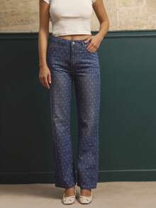 lacRébo Blue High Waisted Straight Leg Jeans With White Polka Dot Print Autumn Winter Polkadot Jeans