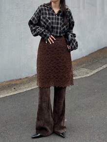 Livesso Autumn/Winter Velvet Lace Trim Flared Skirt Pants, 2 In 1 Casual/Office Elegant Brown Trousers For Women