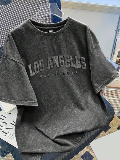 Manfinity Joysei Plus Size Men's Vintage Washed 3D Letter Graphic T-Shirt, Suitable For Summer, Gift For Friends