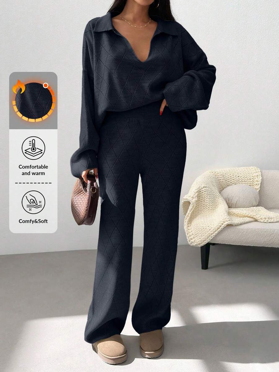 EURMUSE Woman Checkered Jacquard Polo Neck Two Pieces Sweater And Pants Co-Ords - Black - View 1