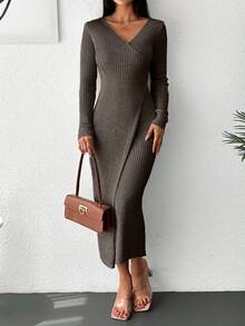 EURMUSE Women's Solid Color V-Neck Long Sleeve Ribbed Fitted Elegant Casual Knit Dress, Fall Work Everyday Coffee Brown - Mocha Brown - View 4