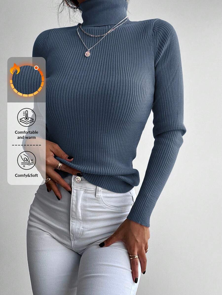 EURMUSE Women's Basic Casual Solid Color Ribbed Turtleneck Sweater - Dusty Blue - View 1