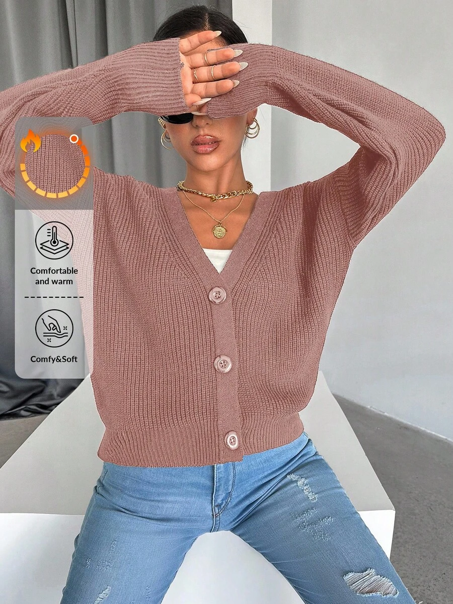 RueChic Women's Solid Color Casual Cardigan, Minimalist & For Daily Wear - Rusty Rose - View 1