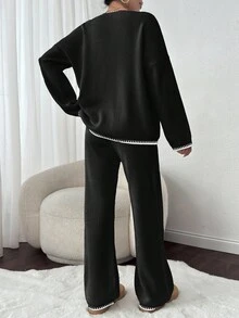 EURMUSE V-Neck Color Block Trim Pullover Sweater And Long Pants Knitwear 2 Piece Set - Black - View 2