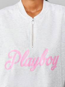 Missguided x Playboy 超大号半拉链运动衫，背面带有文字印花和兔子标志设计，带来休闲舒适感 - 灰色 - 查看 4