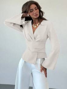 Aloruh New Stylish Commuter Waist Ruched Asymmetric Hem Long Flare Sleeve V-Neck Pullover Blouse - Beige - View 6