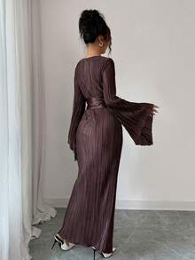 SHEIN PETITE Váy Maxi suông dài tay xòe xếp ly eo cho nữ, thích hợp đi tiệc/đi làm - Cà phê - Xem 2