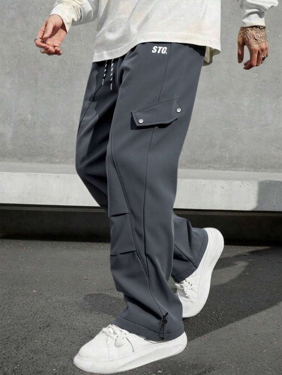 Claim Dot 男士字母印花抽绳腰部宽松轻便户外休闲工装裤 - 灰色 - 查看 1