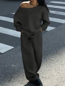 SHEIN EZwear 2 件套女士超大露肩宽松休闲运动衫和阔腿羊毛运动裤套装，适合秋冬季 - 深灰色 - 查看 4
