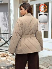 Vionelle Plus Size Big Pocket Quilted Long Sleeve Casual Basic Coat With Belt For Women Winter/Autumn Jacket Outerwear,Hiking Clothes - Khaki - View 2