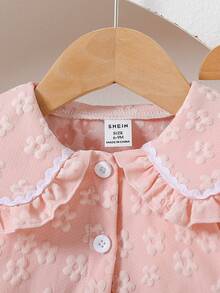 SHEIN 2 件套女婴荷叶边领扣上衣 + 裤子可爱套装，休闲百搭泡泡袖荷叶边下摆衬衫 T 恤搭配松紧腰喇叭裤，适合春秋季休闲外出或旅行 - 粉色 - 查看 8