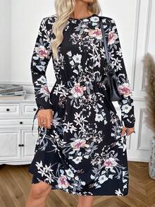 EMERY ROSE Vestido casual de manga larga con cuello redondo y estampado floral de longitud media para mujer