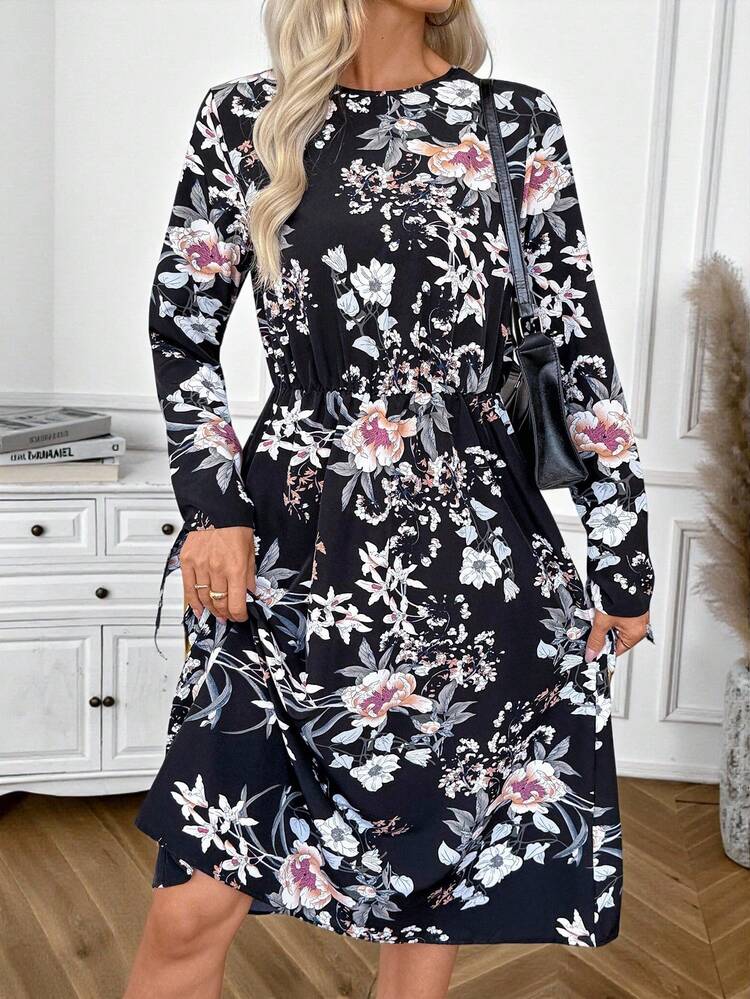 Women's Floral Print Round Neck Long Sleeve Casual Mid-Length Dress Women's Autumn Casual Botanical Print Notched Neck Midiwinter Dress Winter Dress Women  Fall Outfits For Women Fall Dresses For Women Casual Dresses For Women