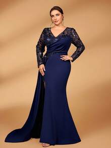 Serin Váy maxi đuôi cá xếp nếp bằng vải satin co giãn, đính ngọc trai và sequin sang trọng, thanh lịch cỡ lớn, xẻ tà bên hông, thích hợp cho đám cưới, tiệc tùng, kỳ nghỉ, dạ hội, váy dạ hội cho mẹ cô dâu - Màu xanh lam - Xem 6