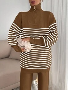 EURMUSE Women Stripe Pattern Zip Detailed Neck Drop Shoulder Pullover & Sweater Pants Set - Brown - View 6