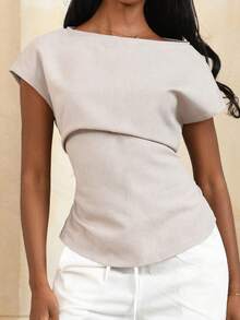 Mima John 仿亚麻蝙蝠袖休闲上衣，夏季 - 卡其色 - 查看 4