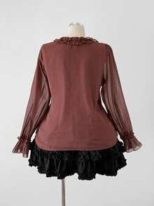 Sunspun Plus Size Women Elegant V-Neck Chiffon Blouse, Suitable For Dates - Brown - View 2