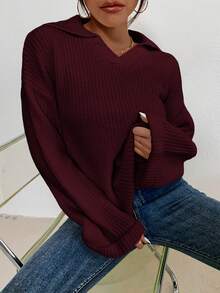 SHEIN Unity 女式纯色简约日常长袖针织套头衫 - 酒紅色 - View 6