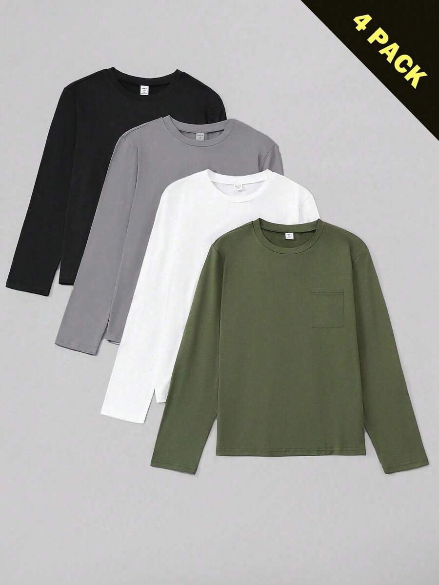 4 件装平价青少年(男)T 恤,黑色、黑色、灰色、白色、卡其色,4 种颜色 4 件套百搭休闲 T 恤套装 - 彩色 - 查看 1