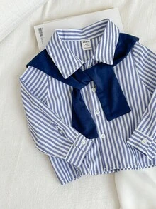 SHEIN 男婴 4 件套蓝白条纹长袖衬衫、皇家蓝披肩、白色裤子和提花腰带，适合秋冬季，适合生日派对、洗礼、一周年纪念、晚会、演出、婚礼等场合