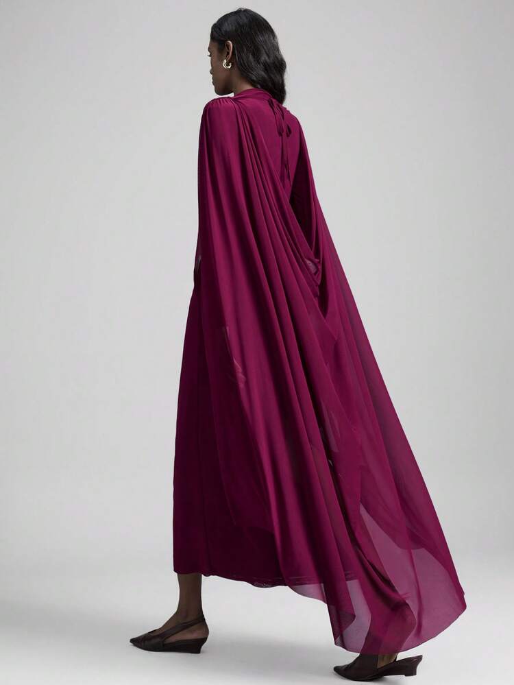 Women's Deep Purple Stand Collar Long Sleeve Fitted Dress With Shawl Design,Elegant Autumn Evening Clothes For Dining,Wedding Guest Cruise Attire