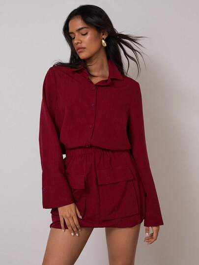 COSMINA Women's Solid Color Long Sleeve Single-Breasted Shirt And Cargo Pocket A-Line Skirt Casual 2 Pieces Set Wine Red,Christmas Clothes