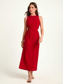 CAJUNI Women's Solid Color Twist Front Bodycon Elegant Sleeveless Dress