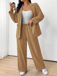 EMERY ROSE Plus Size Women's Solid Color Raglan Sleeve Lapel Front Button Casual Suit Set - Camel - View 6