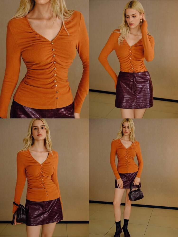 SOLID V-NECK STUDDED RUCHED SLIM FIT TEE